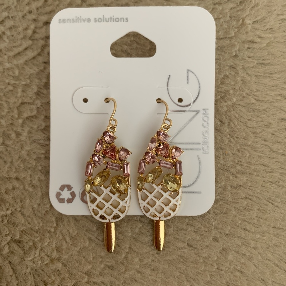 Ice cream shaped earrings - colored gems on top - gold accents